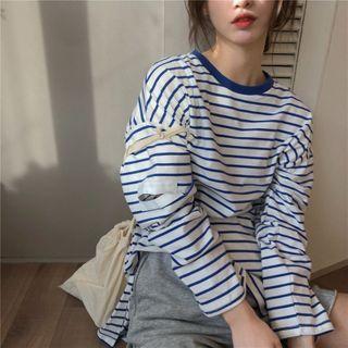 Striped Long-sleeve Loose-fit T-shirt Blue - One Size