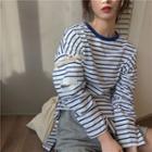 Striped Long-sleeve Loose-fit T-shirt Blue - One Size