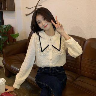 Collared Lace Trim Blouse Almond - One Size