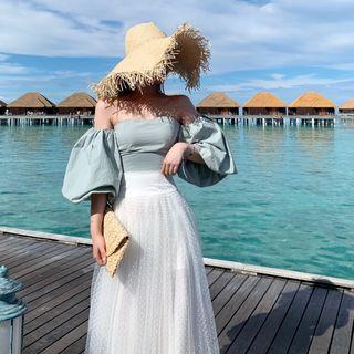 Plain Off-shoulder Top / Mesh Maxi Skirt