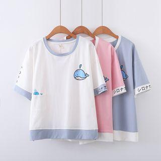 Short-sleeve Two-tone Panel Cartoon Whale Print T-shirt