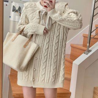 Collared Tie-neck Cable Knit Sweater White - One Size