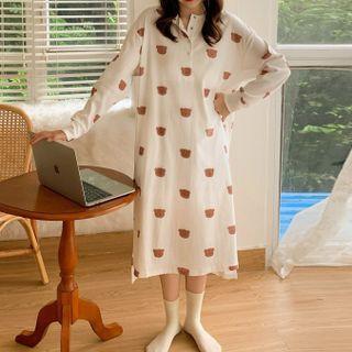 Long-sleeve Bear Print Midi Sleep Dress Brown & White - One Size