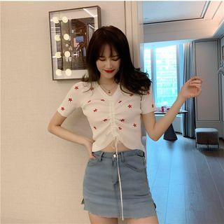 Flower Embroidered Ruched Front Cropped Knit Top