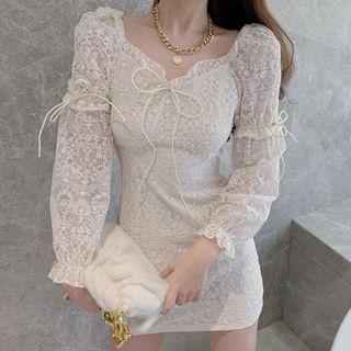 Long-sleeve Lace Frill Trim Mini Bodycon Dress