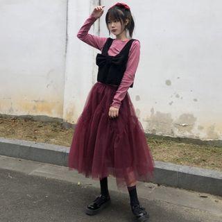 Long-sleeve Plain Top / Bow Accent Camisole / High-waist Sheer Skirt