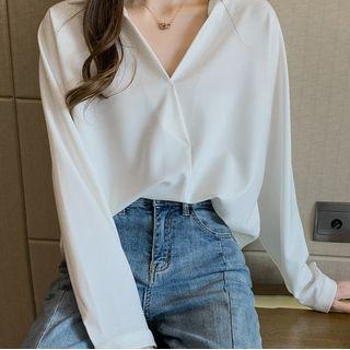 Long-sleeve Open-collar Chiffon Blouse White - One Size
