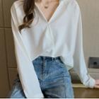 Long-sleeve Open-collar Chiffon Blouse White - One Size