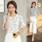 Set: Printed Elbow Sleeve Top + Plain Culottes