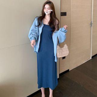 Zip-up Hoodie / Spaghetti-strap Midi A-line Dress
