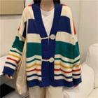 Rainbow Striped Over-sized Knitted Cardigan Sweater - Striped - One Size