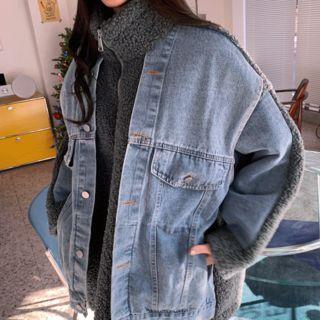 Fleece-panel Oversized Zip-up Denim Jacket