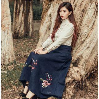 Set: Flower Embroidered Shirt + Flower Embroidered Midi Skirt