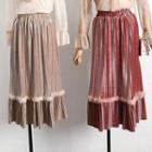 Furry Trim Pleated Velvet Midi Skirt
