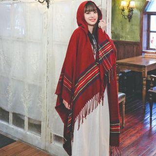 Fringed Plaid Hooded Shawl