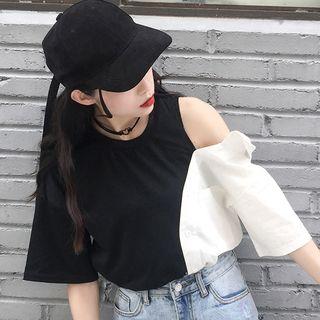Elbow-sleeve Cutout Two-tone Top