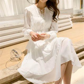 Long-sleeve Layered Midi A-line Dress White - One Size