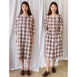 Square-neck Long Shirtdress With Sash