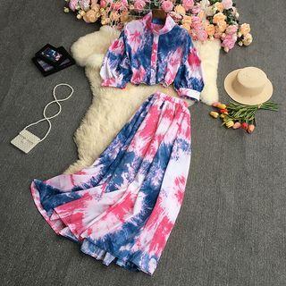Set: Elbow-sleeve Tie-dyed Blouse + Maxi A-line Skirt