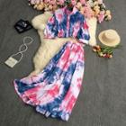 Set: Elbow-sleeve Tie-dyed Blouse + Maxi A-line Skirt
