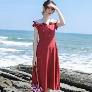 Cap-sleeve Wide-collar Buttoned A-line Midi Dress