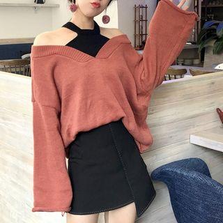 Plain / Striped Panel Cold-shoulder Sweater