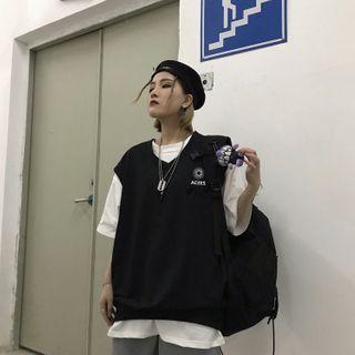 Letter Embroidered Vest Black - One Size