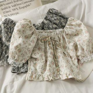 Boatneck Lace-trim Printed Crop Top