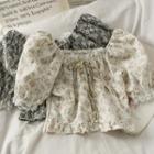 Boatneck Lace-trim Printed Crop Top