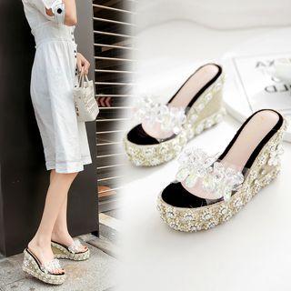 Rhinestone Floral Accent Wedge Platform Sandals