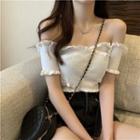 Off-shoulder Ribbed Ruffled T-shirt