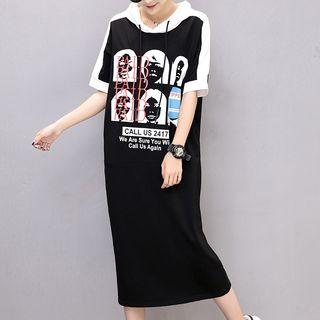 Hooded Short-sleeve Printed Midi T-shirt Dress