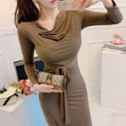 Long-sleeve Draped Tie-waist Midi A-line Dress