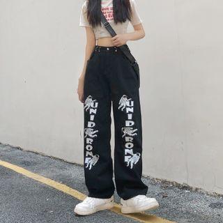 Astronaut Print Lettering Straight Leg Jeans