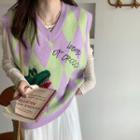 V-neck Argyle Pattern Knit Vest Purple - One Size