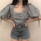 Puff-sleeve Drawstring Plaid Blouse As Shown In Figure - One Size