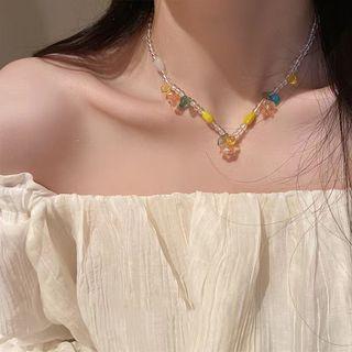 Flower Glass Bead Choker Choker - Pink & Blue & Yellow - One Size