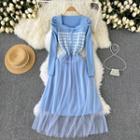 Gingham Panel Midi A-line Mesh Dress