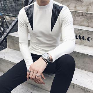 Slim-fit Leather Panel Mock-neck Sweater