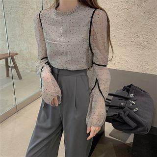 Round-neck Dotted Printed Long-sleeve Shirt / High-waist Plain Dress Pants