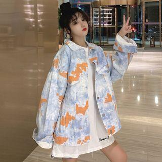 Print Denim Jacket Print - Tangerine & Light Blue - One Size
