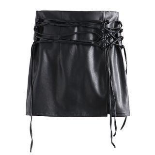 High Waist Lace-up Faux Leather Mini Pencil Skirt