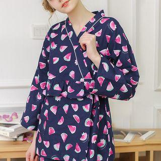 Loungewear Set: Watermelon Print Long-sleeve Wrap Top + Pants