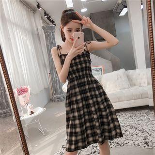 Shoulder-tie Plaid A-line Dress