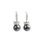 Sterling Silver Fashion And Elegant Crown Black Freshwater Pearl Earrings With Cubic Zirconia Silver - One Size