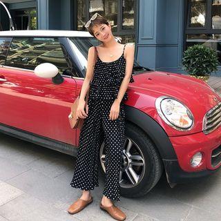 Set: Spaghetti Strap Dotted Top + Wide-leg Pants