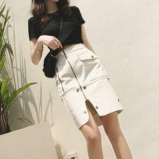 Set: Plain Crew-neck T-shirt & Asymmetric Zipper Midi Dress