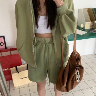 Set: Zip Up Hoodie+ Sweatshorts Hoodie - Green - One Size / Sweatshorts - Green - One Size