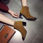 Metal Accent Faux Suede Block Heel Ankle Boots