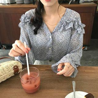 Floral Frilled Long-sleeve Loose-fit Blouse